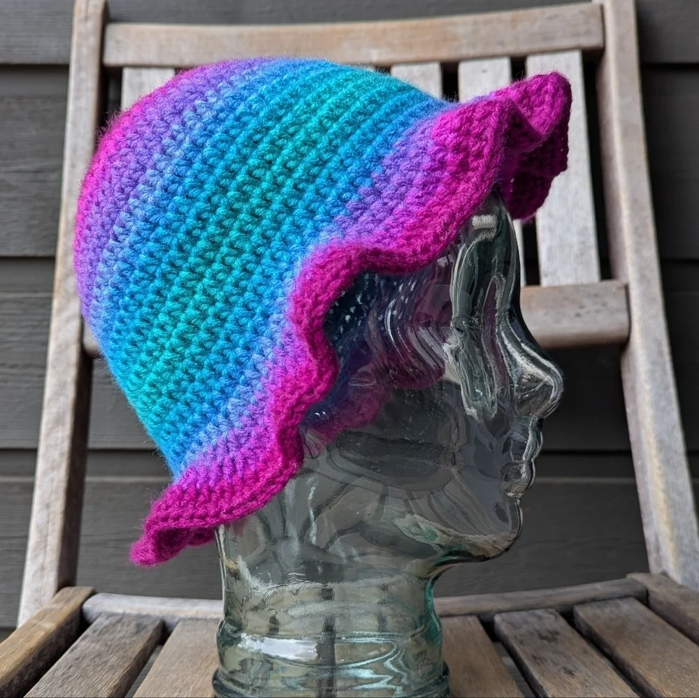 Handmade Gradient Pink Purple Blue Green Crochet Sun Bucket Hat One Size